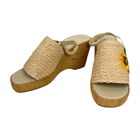 Vintage Straw Rafia Woven Wedge Heels Flowers 90s / Y2K NWOT Size 7 - Picture 4 of 8